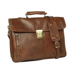 Oiled Calfskin Leather Briefcase with shoulder strap - Chestnut