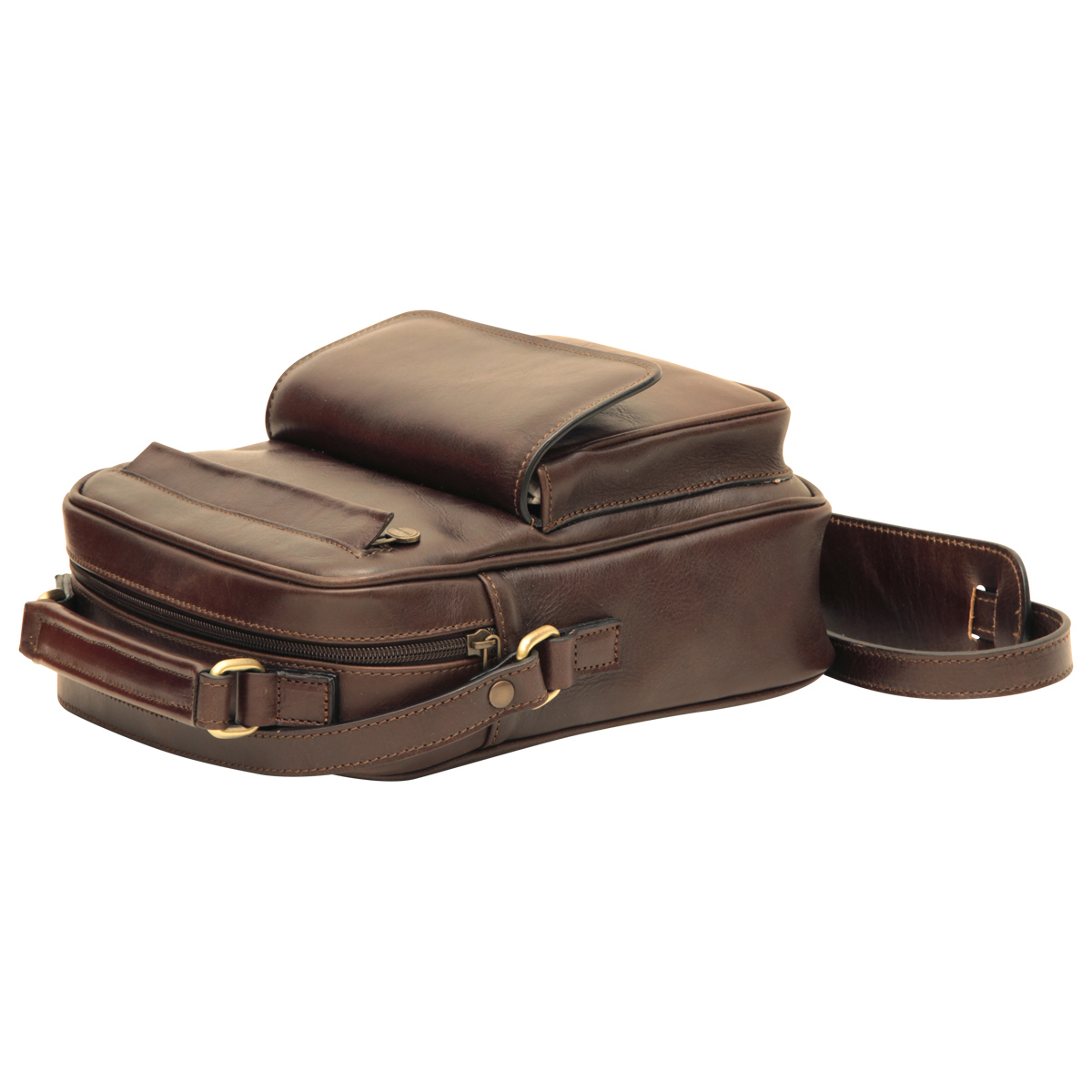 Leather Shoulder Bag with front pocket - Dark Brown | 056489TM | EURO | Old Angler Firenze