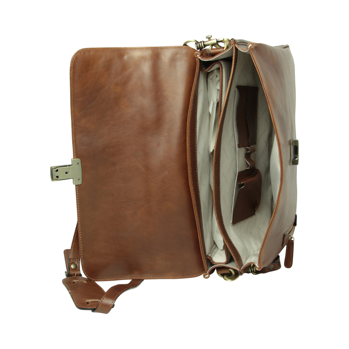 Oiled Calfskin Leather Briefcase with shoulder strap - Chestnut | 075861CA US | Old Angler Firenze