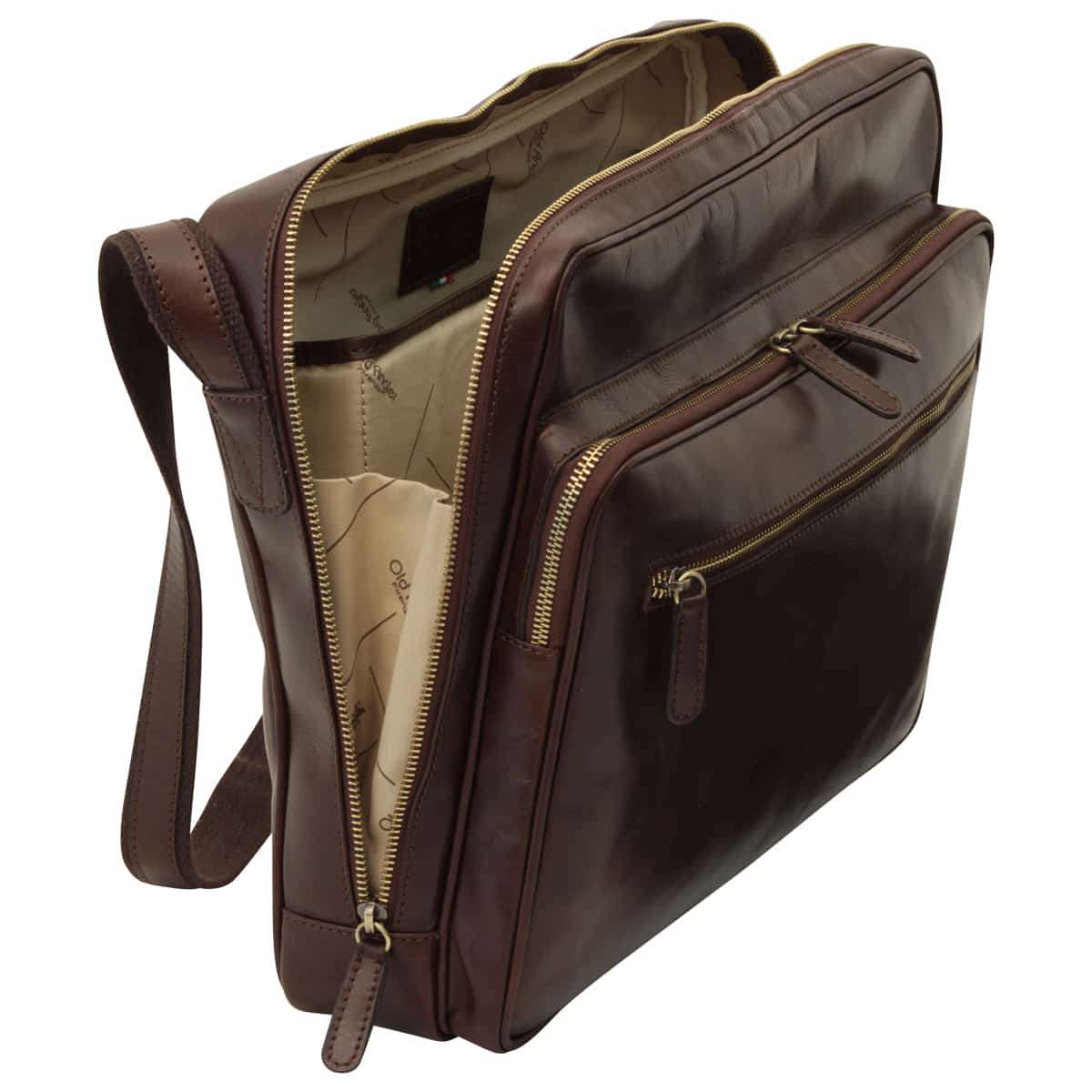 Large leather bag with zip closures - Dark Brown | 409289TM UK | Old Angler Firenze